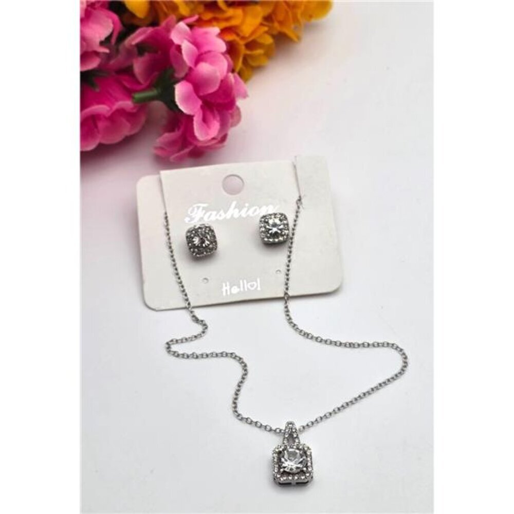 Hello! Silver Tone CZ Necklace And Stud Earrings Set 18 In Adjustable